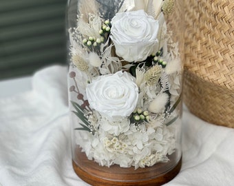 Glass dome with stabilized flowers / Preserved flower cloche / Rose in glass dome / Living room decoration