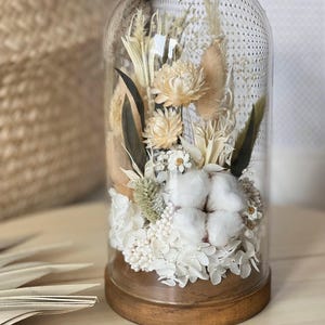 Konservierte Blumen Cloche, Ewiges Blumenarrangement unter einer Glaskuppel, Unikat Geschenk Baumwolle Hochzeit Jahrestag