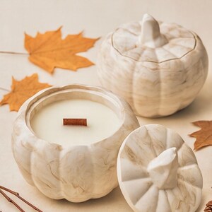 Marble Beige Pumpkin Candle: Handmade Soy Wax, Wooden Wick, Pumpkin Spice
