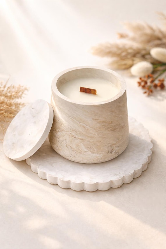 Handgemachte Marmor Effekt Soja Kerze | Keramik Gips Deckeldose | Holzdocht | Natürliche Vegan Kerze | Minimales Wohnkultur Geschenk
