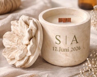 Personalized Soy Candle – Marble Jar with Flower Lid, Wedding Keepsake