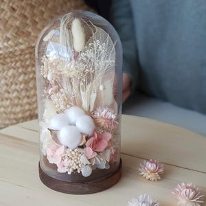 Konservierte Blumen Cloche, Ewiges Blumengesteck unter einer Glaskuppel, einzigartiges Geschenk Baumwolle Hochzeit Jahrestag sanftes Geschenk für Sie