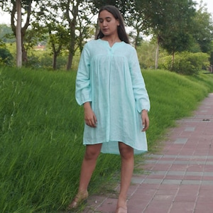 Women Linen Midi Dress – Long Sleeve Flowy Linen Tunic Dress – Loose Fit Summer Dress – Lightweight Boho Linen Dress – Linen Plus Size Dress