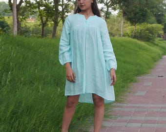 Women Linen Midi Dress – Long Sleeve Flowy Linen Tunic Dress – Loose Fit Summer Dress – Lightweight Boho Linen Dress – Linen Plus Size Dress