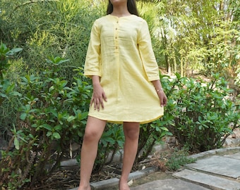 Leinen Minikleid - 100% natürliches Leinen Sommerkleid mit Ärmeln, ausgestelltes A-Linien-Kleid mit Knöpfen, Leinenkleidung für Frauen, lässiges Leinenkleid