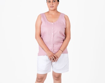 Pink Linen Classic Top Round Neck Sleeveless Button up Designer Top/ Linen Tunic For women/ Vintage Linen Blouse/ Linen Pink Tank Top