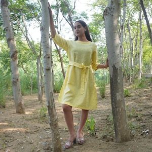 Linen Midi Dress for Women – 100% Linen Midi Dress with Sleeves – A-Line Summer Dress – Relaxed Fit Natural Linen Tie / Belt Casual Dress