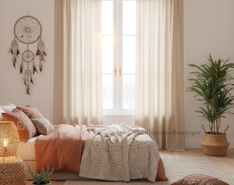 Tende in lino naturale - Pannelli per finestre rustici boho, tende in lino color crema di cocco, tende in lino stile fattoria per soggiorno e camera da letto