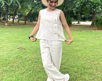 Natural Linen Pant and Top Set | Casual Loungewear Women’s Linen Co-Ord Set | Sleeveless Top & Wide Leg Pants | Summer Two Piece Outfit
