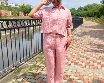 2 Piece Linen Set for Women – Linen Shirt and Pants Outfit, Summer Co Ord Set, Relaxed Fit Linen Clothing, Matching Top and Bottom Pant Set