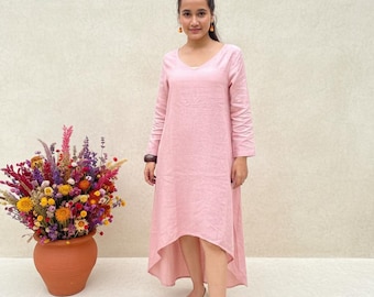 Natural Linen Midi Dress with Pockets | High Low Linen Dress Dress | Long Sleeve Summer Dress | Loose Fit Casual Linen Dress for Women