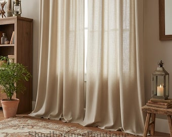 Tende in lino naturale Boho - Tende per camera da letto in puro lino, pannelli per finestre in stile fattoria filtranti Boho, tende in lino su misura
