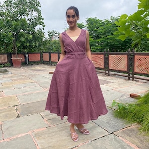 Custom Linen Flare Dress with Pockets Midi Wrap Dress, Sleeveless V-Neck Summer Dress, Belted Midi Linen Dress, Casual Linen Dress for Women