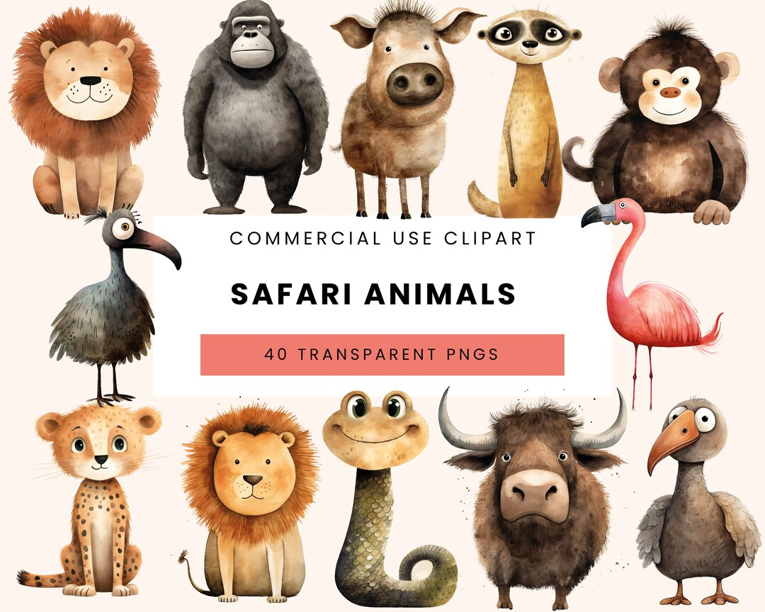 40 Watercolor Safari Animals Clipart SVG & PNG Bundle, Jungle Animals ...