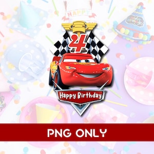 Archivo PNG de descarga digital para cumpleaños de niño de 4 años de Racing Cars McQueen, fiesta de sublimación, celebración, cambio de tamaño, calidad de 300 ppp