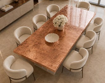 Custom Copper Leaf Epoxy Dining Table, Luxury Resin Table, 10-Year Surface Protection, Handmade Statement Furniture