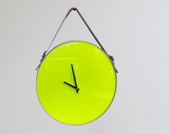 Fluorescent Yellow Minimalist Resin Wall Clock, Modern Clock, 16'' 40cm, Silent Clock, Home, Leather Clock, Leather Strap Wall Hanging Clock