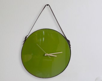 Green Minimalist Resin Wall Clock, Modern Clock, 16'' 40cm, Silent Clock, Home, Leather Clock, Leather Strap Wall Hanging Clock, Leather Art