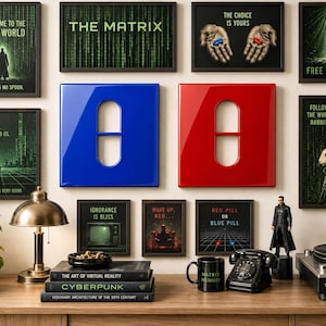 Set da Parete Ispirato a Matrix, Pannelli Red Pill Blue Pill in Resina Lucida, 2 Pannelli Pop Art, Scultura da Parete Cinema
