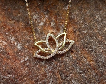 Gold Plated Lotus Flower Necklace,  Dainty Gold Necklace For Women, Lotus Flower Pendant, Sterling Silver Jewelry, Gift For Her