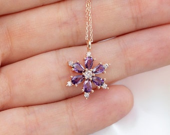 Zierliche Blume Amethyst Halskette, Sterling Silber Handgemachte Halskette, Lila Birthstone Schmuck, Schneeflocke Halskette, Perfektes Geschenk für Sie