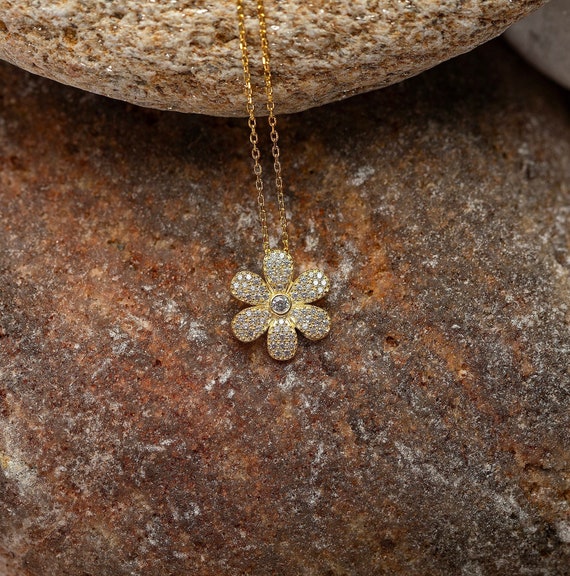 Gold Plated Daisy Necklace for Women Handmade Pave Diamond Pendant 925 Sterling Silver Jewelry Dainty Gold Flower Necklace Gift for Her Etsy