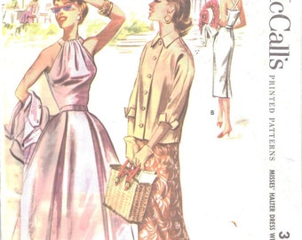 Vintage 1950s Sewing Pattern, Halter Dress, Slim or Full Skirt & Jacket - Bust: 38” (96cm)