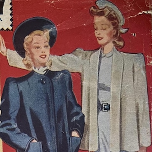 May include: Vintage fashion illustration depicting two women in elegant attire. One is in a dark blue coat and hat, the other in a light-coloured suit. The background is a vibrant red, typical of the era.
