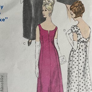 May include: Vintage Vogue pattern featuring illustrations of elegant evening gowns. The pattern includes a size 16 with a 36-inch bust (91cm). The design includes a long black gown with a pink bow, a pink gown, and a polka dot gown. The pattern is labeled "Easy to Make."