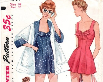 Vintage 1950s Sewing Pattern, One-piece Bathing Suit & Beach Coat - Bust: 36” (91cm)