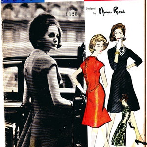 May include: A vintage Vogue Paris Original sewing pattern designed by Nina Ricci. The pattern number is 1126. The image shows three women wearing different styles of dresses.
