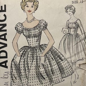 May include: Vintage sewing pattern by Advance, featuring a dress design with a fitted bodice, puffed sleeves, and a full skirt. The illustration shows a woman in the dress, with a second design on the right. The pattern is size 12.