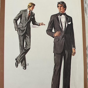 May include: A Simplicity 8846 sewing pattern envelope for a size 44, 112 cm chest garment. The cover features illustrations of two formal outfits: a grey suit with a red tie and a black tuxedo with a white shirt, black bow tie, and pocket square.