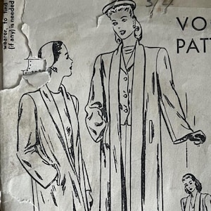 May include: A vintage Vogue pattern for a coat, showing illustrations of women in different coat styles. The pattern includes sizes 12-44. The cover is aged and worn, with the text "EASY-TO-MAKE" visible.