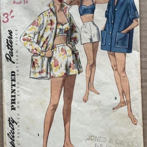 Vintage 1950er Jahre Schnittmuster: Dreiteiliger Playsuit - Oberweite 86.4 cm - Einfachheit 1659