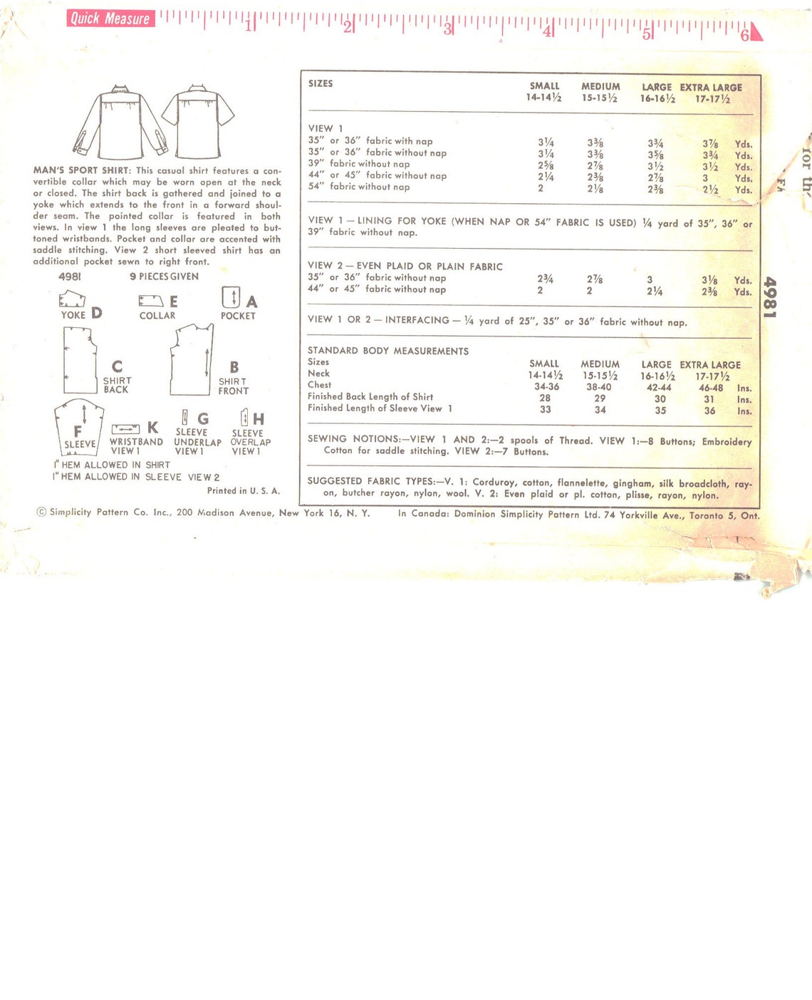 1950s Sewing Pattern, Sport Shirt - Chest: 38” – 40” (97cm-101cm)