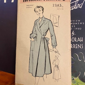 May include: A vintage sewing pattern for a two-way overall, featuring a woman in a light blue dress. The pattern is from Weldons and is for bust size 32 and hips size 36. The pattern is dated 1950.