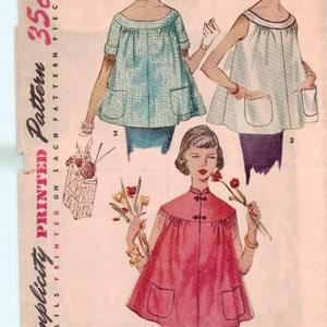 May include: A vintage sewing pattern for a women's blouse. The pattern is for a loose-fitting, sleeveless blouse with a scoop neck and pockets. The pattern is printed on a pink background with a white border. The pattern number is 4718 and the size is 16. The pattern is priced at 35c.