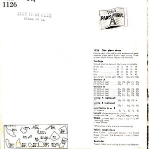 May include: A black and white sewing pattern for a one-piece dress. The pattern includes instructions for different versions of the dress, including a sleeveless version and a version with three-quarter length kimono sleeves. The pattern also includes yardage requirements for different sizes and fabrics.