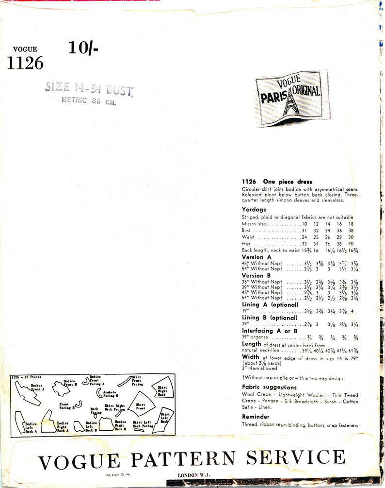 May include: A black and white sewing pattern for a one-piece dress. The pattern includes instructions for different versions of the dress, including a sleeveless version and a version with three-quarter length kimono sleeves. The pattern also includes yardage requirements for different sizes and fabrics.