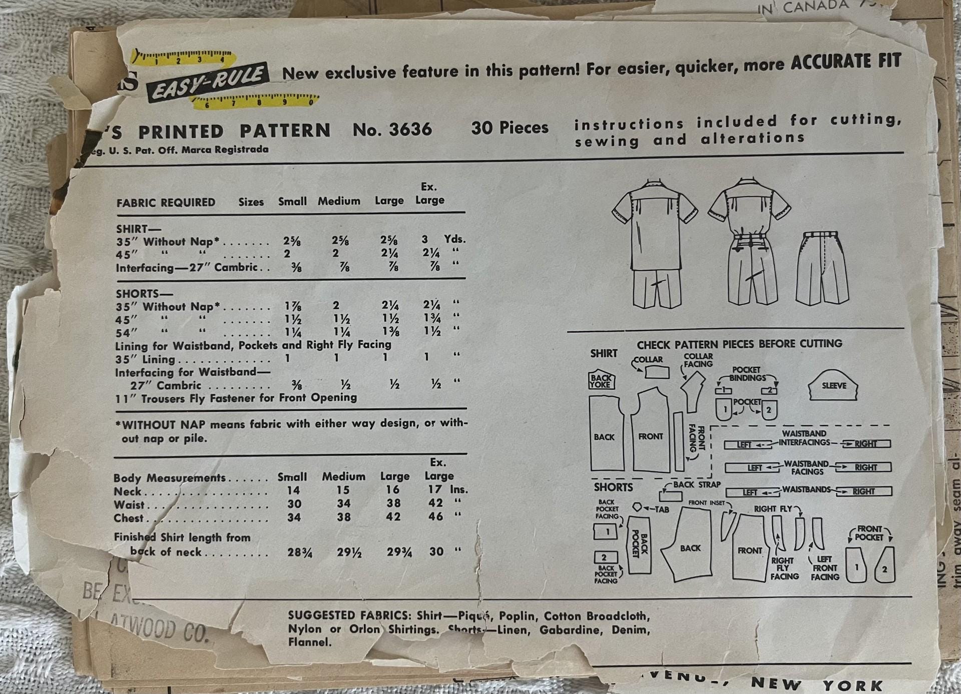 1940's Sewing Pattern: Men's Shirt & Bermuda Shorts - Chest 38