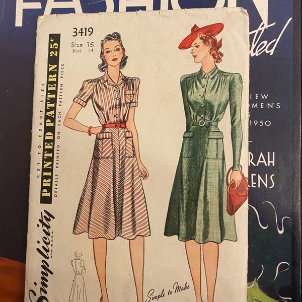 Vintage 1940's Sewing Pattern: Tailored Dress - Bust 34”  - Simpliciyu 3419