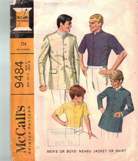 Vintage 1960s Pattern –men's or Boys Nehru Jacket, Chest 30