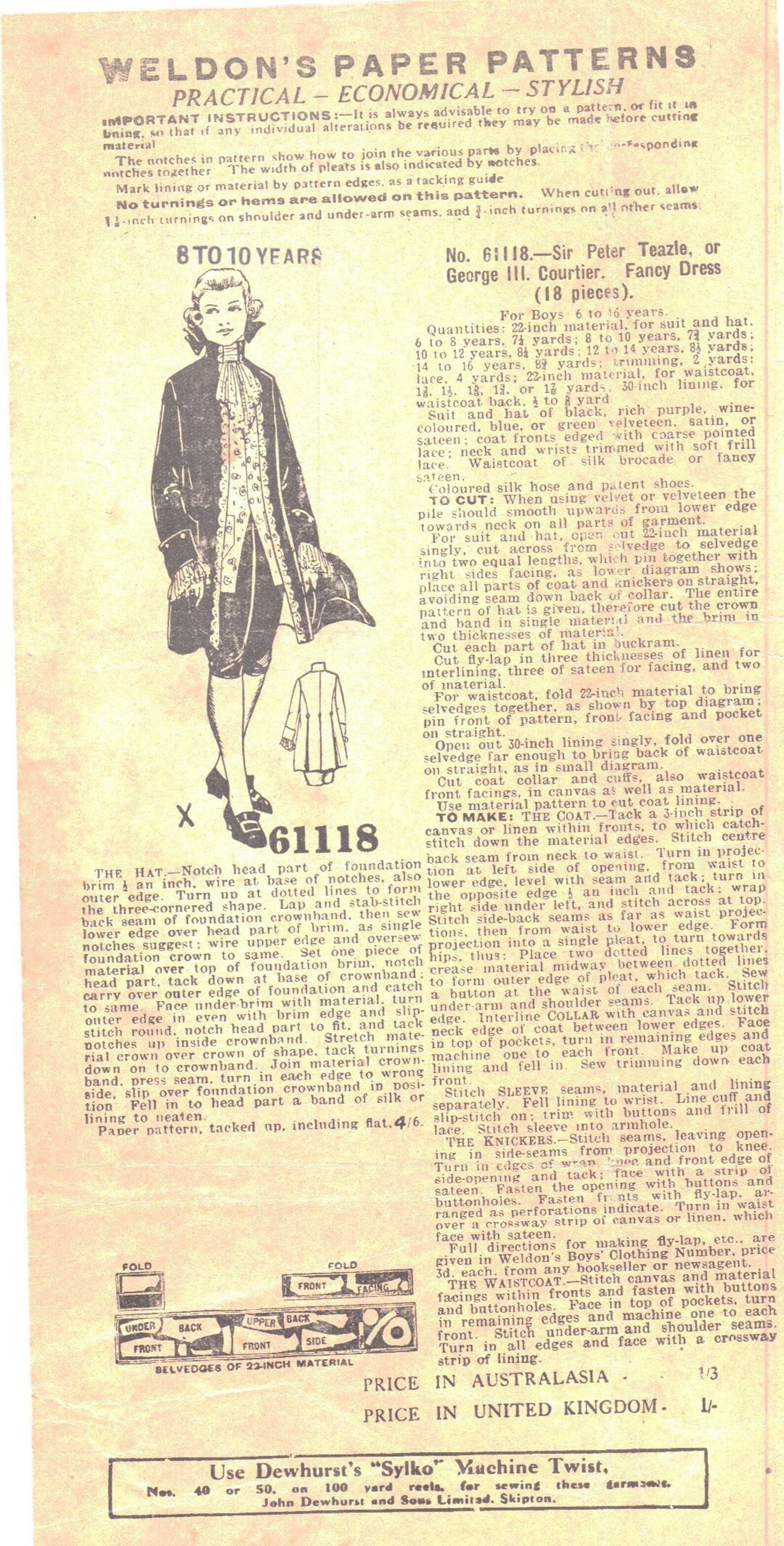 Vintage 1700s Sewing Pattern, Sir Peter Teazle Costume Cosplay George ...