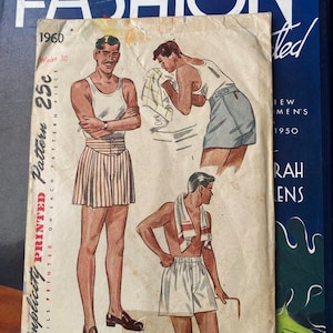 May include: Vintage Simplicity sewing pattern for men's shorts. The pattern is printed on a white paper with a black and red border. The pattern shows three different styles of shorts, all with a waist size of 30 inches. The pattern is from 1960 and costs 25 cents.