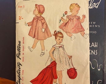 Vintage 1950s Sewing Pattern, Toddler's One-Piece Dress, Coat and Bonnet- Size 2 - Simplicity 3807