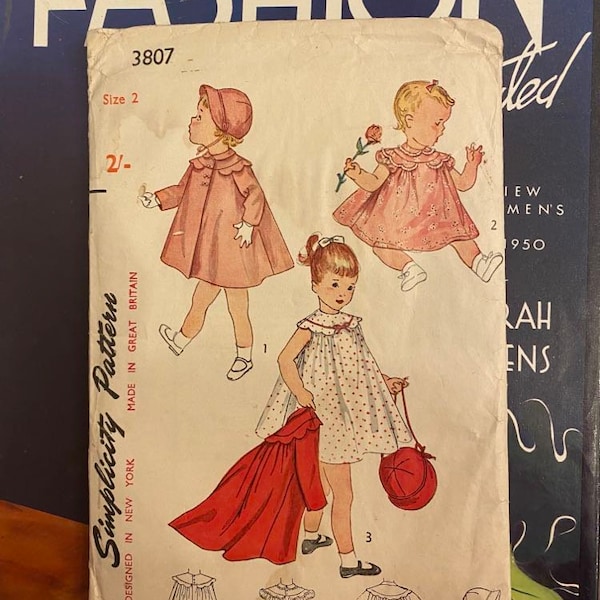 Vintage 1950s Sewing Pattern, Toddler's One-Piece Dress, Coat and Bonnet- Size 2 - Simplicity 3807