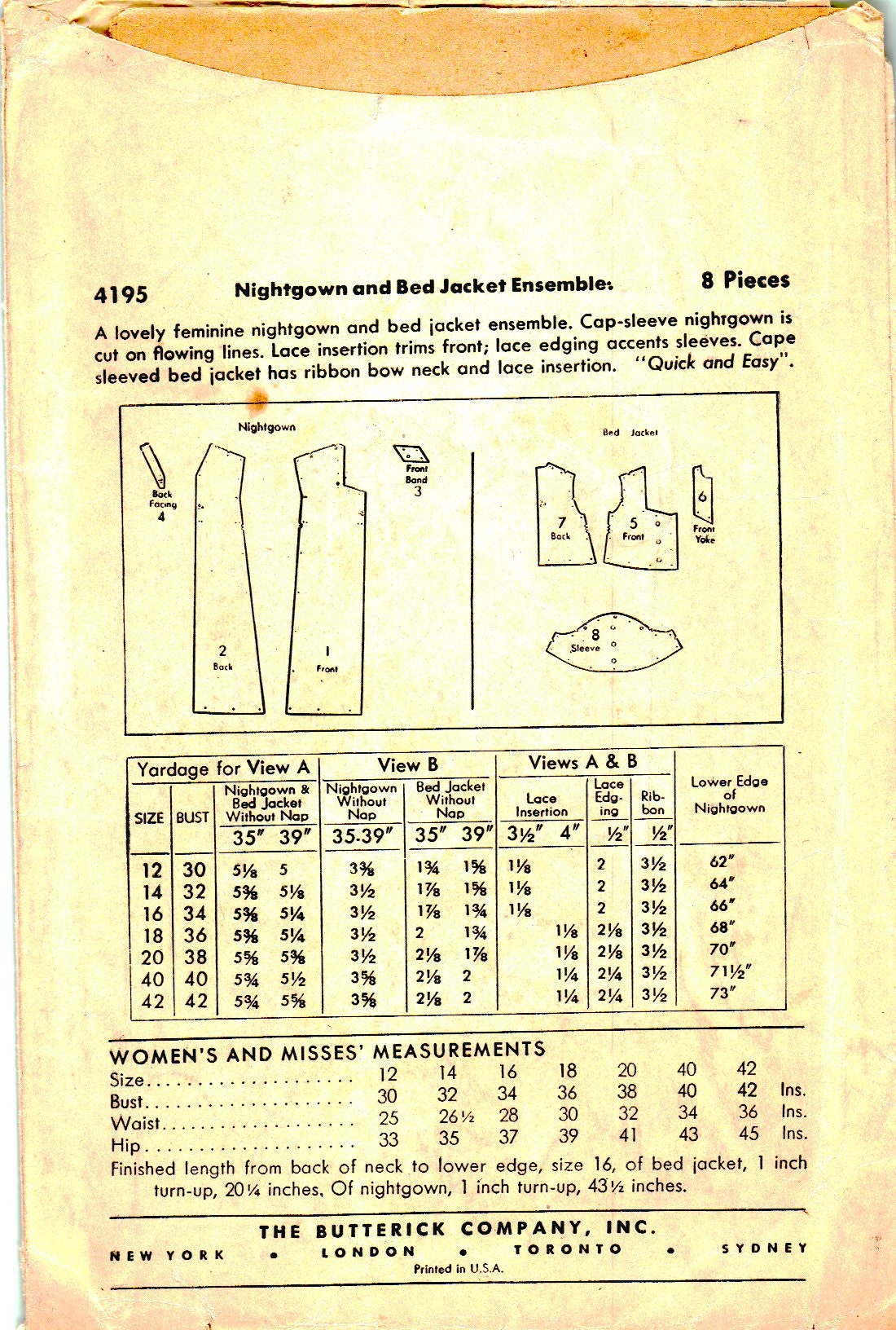 PDF - 1940s Sewing Pattern, Nightgown & Bed Jacket Ensemble - Bust 42” (106.7cm) - Download main image 1