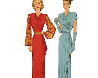 Vintage 1940s Sewing Pattern, Wrap Draped Dress - Bust: 36” (91.5cm)
