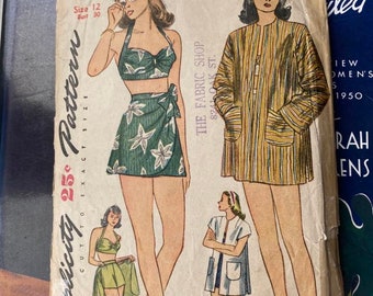 Patrón de costura vintage de los años 40: Traje de baño, pareo, abrigo playero y sujetador de cuello halter - Busto 76,2 cm - Simplicity 1302